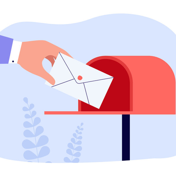 Hand of postman putting letter or envelope into open mailbox. Courier delivering mail flat vector illustration. Correspondence, communication, profession, newsletter concept for banner, website design